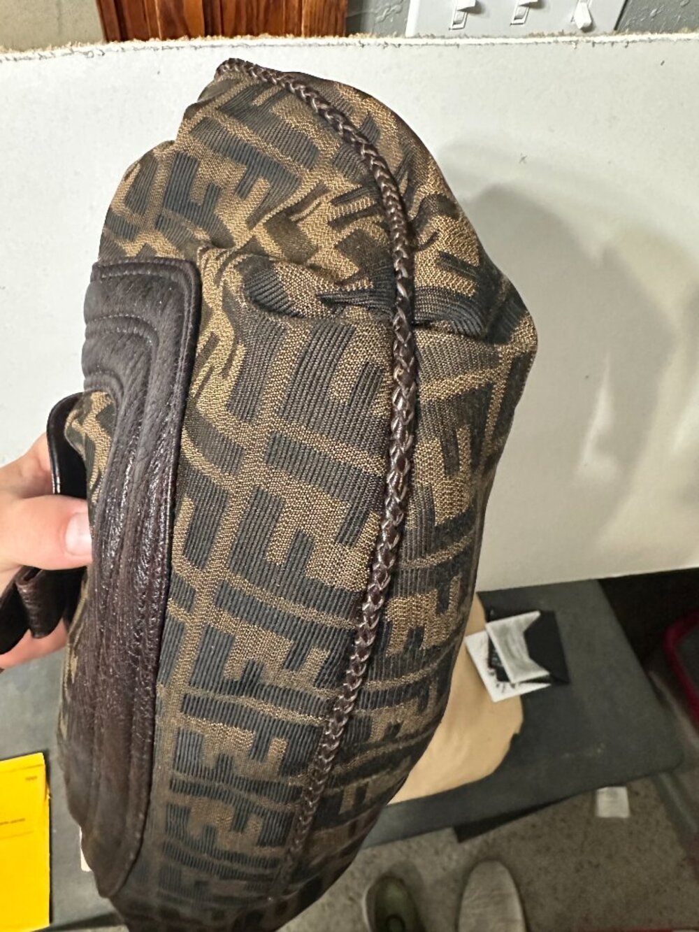 Fendi Zucca FF Monogram Spy Hobo Braided Handle Ostrich Original Tag Missing zip - Picture 6 of 12